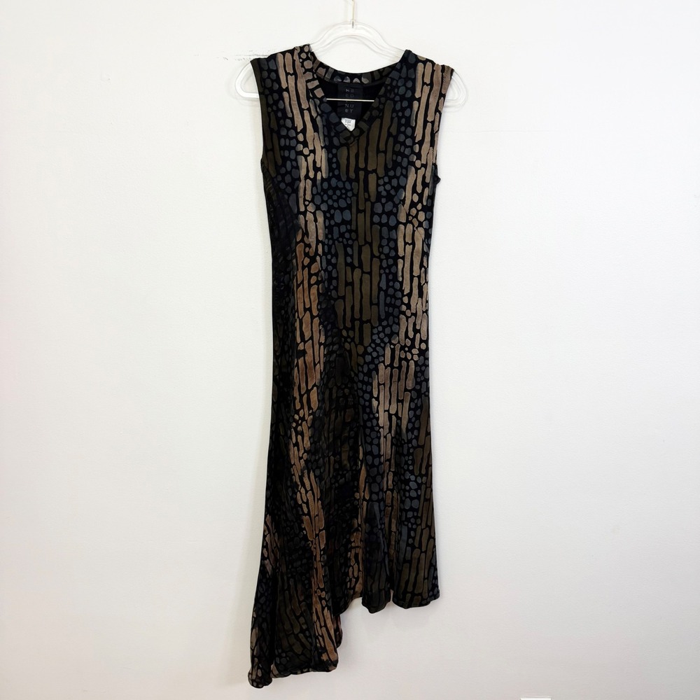 Heyne Bogut Hand Painted Velvet Asymmetrical Midi Dress Black Brown XS